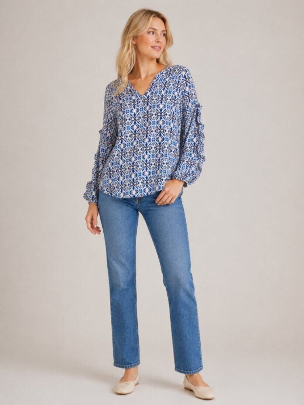 NWT White House Black Market Blouse L Long Sleeve Ruffle Sleeve Cobalt